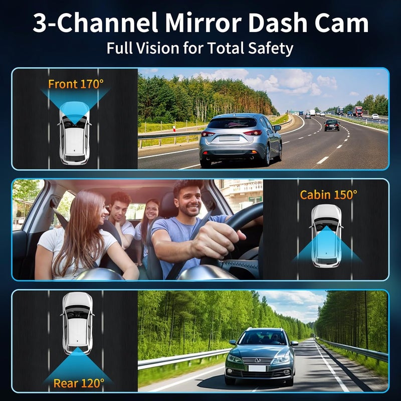 QOZ 3 Channel Mirror Dash Camera, 4K/3K+1080p+1080p Rear View Mirror Camera with GPS, APP Control, WDR Night Vision, G-Sensor, Loop Recording, 24 Hours Parking Monitor, 64GB Card Included - Image 2